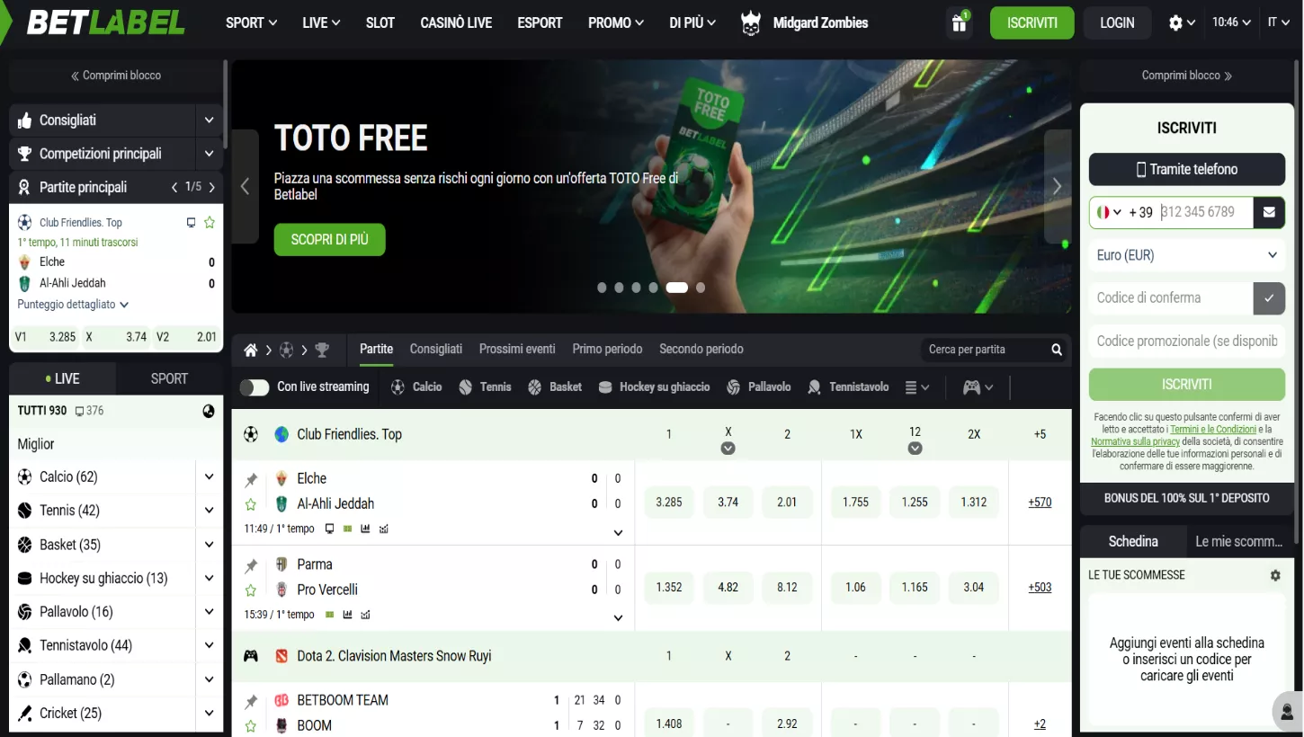 Pagina principale di Betlabel Casino