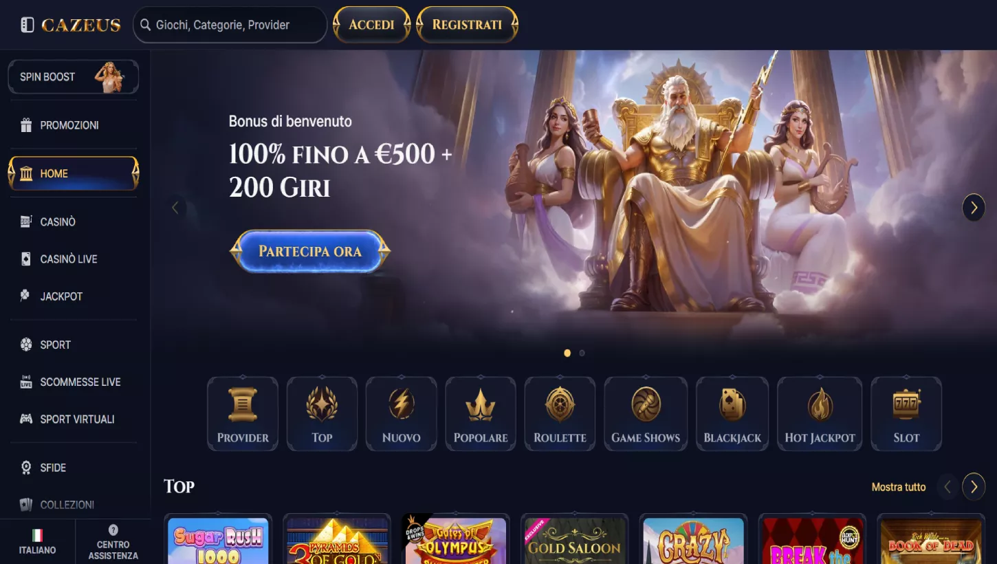 Pagina principale di Cazeus Casino