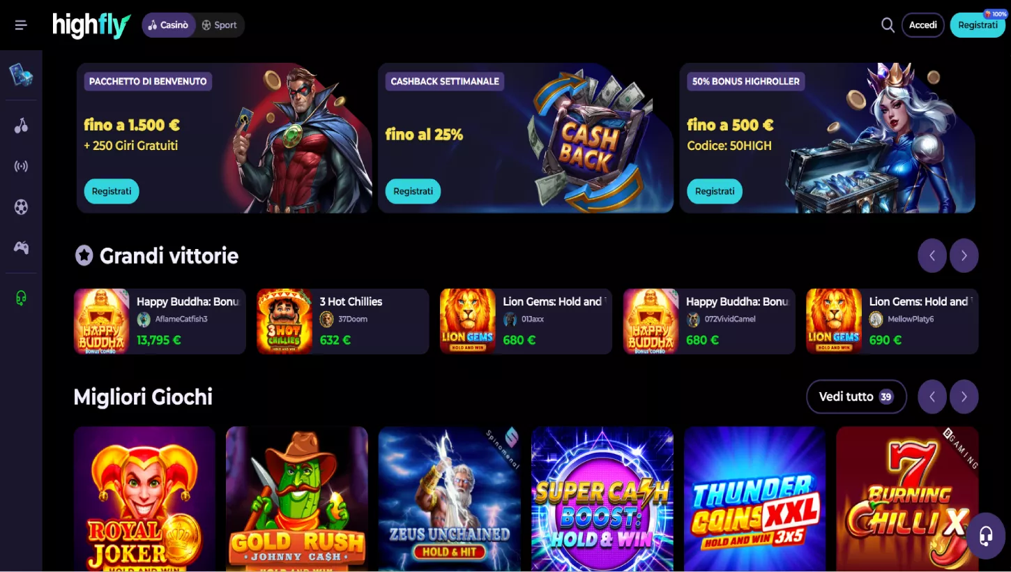 Pagina principale del Highfly Casino