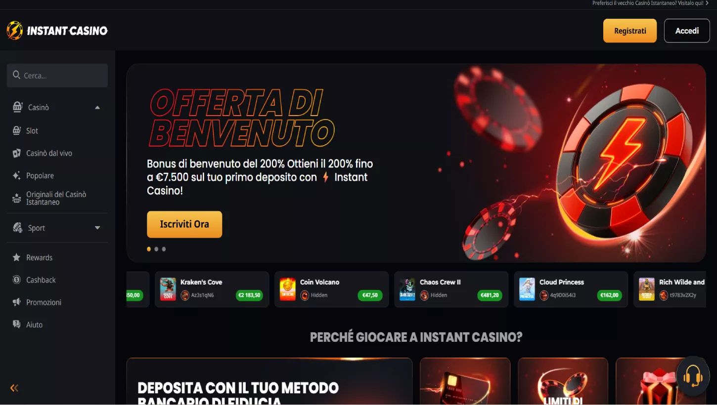 Pagina principale del Instasino Casino