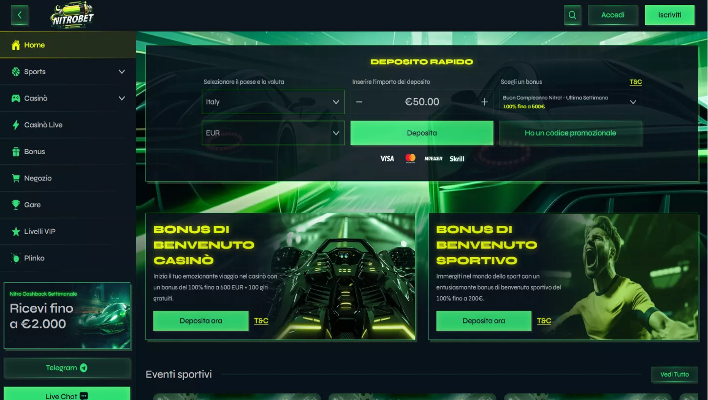 Pagina principale del Nitrobet Casino
